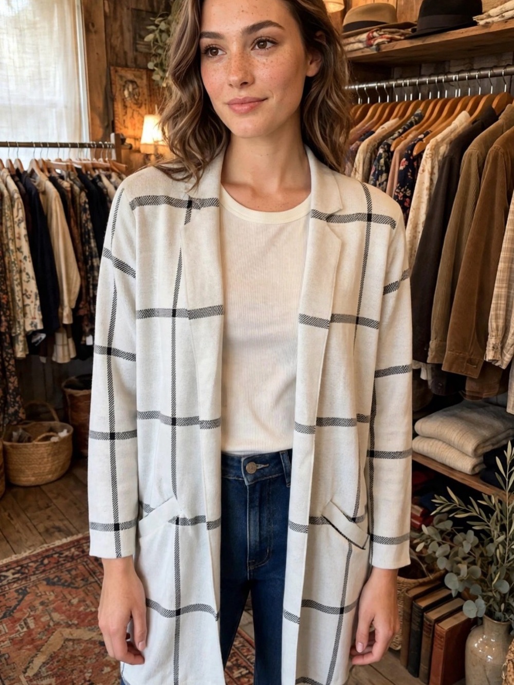 Maurices Cream and Black Windowpane Longline Cardigan